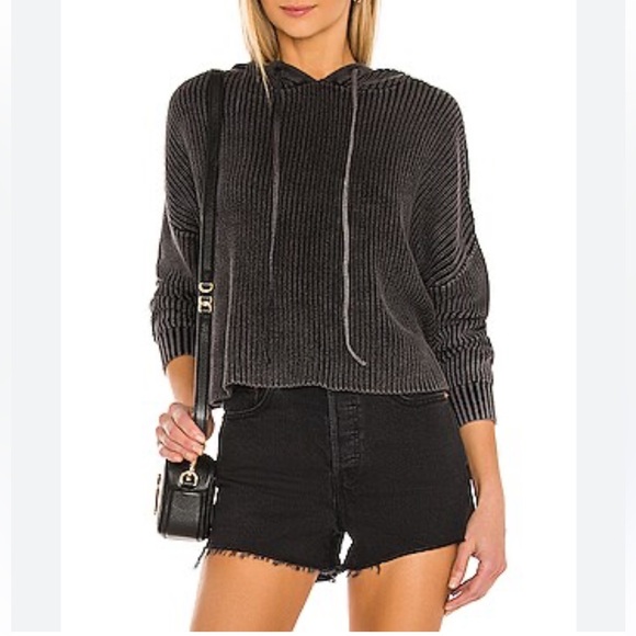 aerie Tops - Aerie Oversized Washed Out Charcoal Grey Ribbed Cropped Hoodie Size Extra Small